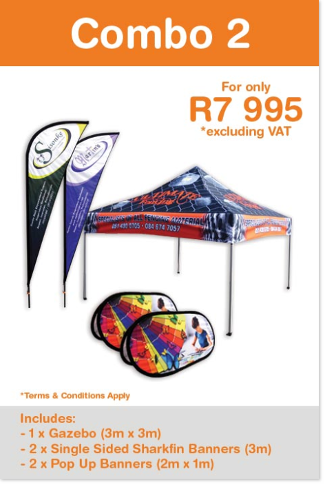 Combo Special on Flags and Banners. 1 x 3.0m Gazebo & 2 x 3m Sharkfin Banners & 2 x Justice Banners