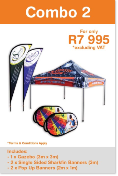Combo Special on Flags and Banners. 1 x 3.0m Gazebo & 2 x 3m Sharkfin Banners & 2 x Justice Banners