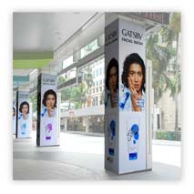 Full colour PILLAR WRAP indoor and outdoor displays manufactured by Stitched Flags and Banners. Pillar Wrap advertising display.