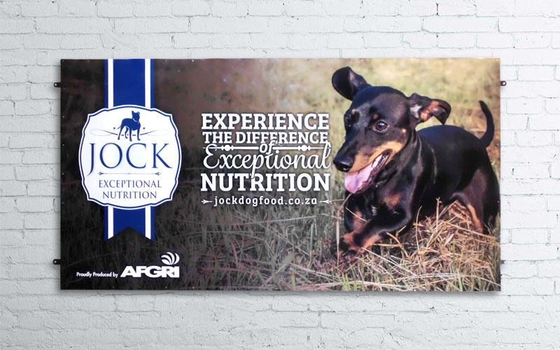 Jock dog food chromadek sign with a frame. Printed in full colour.