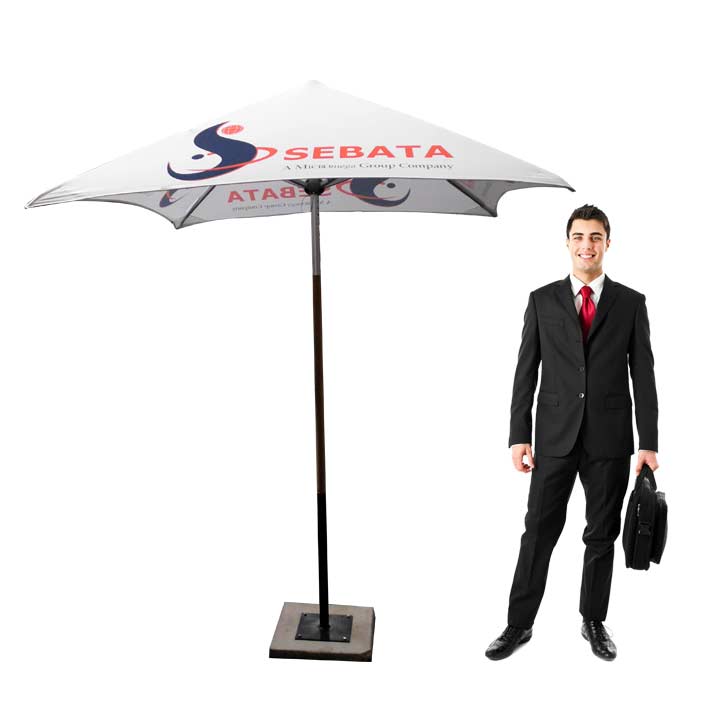 Outdoor umbrella parasol manufactured in full colour including a concrete base